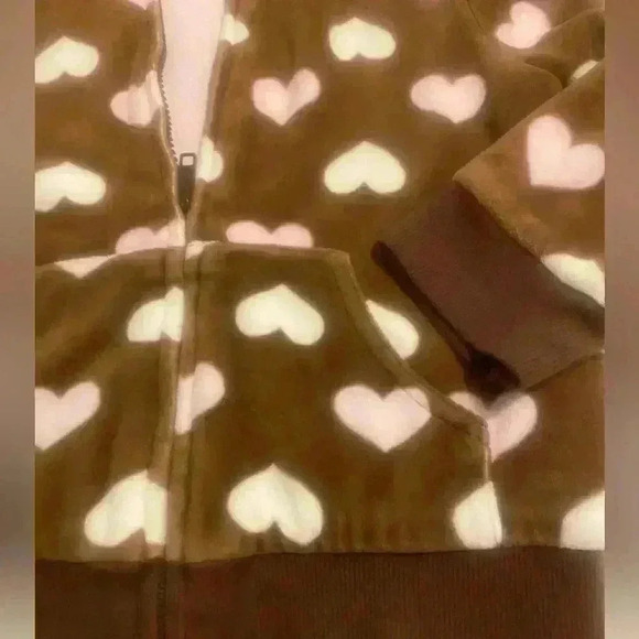 Gymboree Girls Hoodie in brown with pink & white hearts. Girls size small 5-6 - Picture 2 of 7